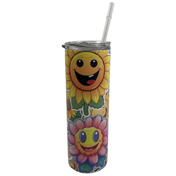 Skinny Tumbler 20oz Smiley Face Flowers Sunflowers Stainless-Steel Insulated - Picture 2 of 9